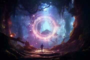 A trail in a futuristic universe with a ring of elemental energy, neon lights, and a soul orb surrounded by shimmering light. Generative AI - obrazy, fototapety, plakaty