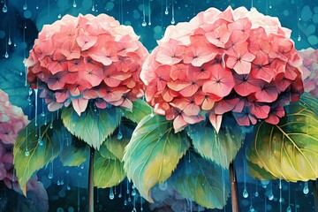 Illustrations of rain and flower hydrangeas. Generative AI