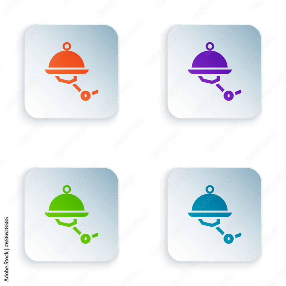 Poster color waiter robot with covered plate icon isolated on white background. artificial intelligence, ma