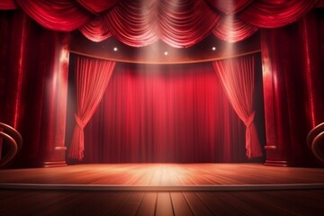 Stage with crimson curtains and spotlights. Generative AI