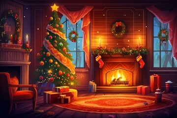 A festive scene with a decorated fireplace and a Christmas tree. Generative AI