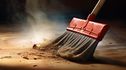 A broom cleaning a wooden floor, with dust and debris gathered. - obrazy, fototapety, plakaty
