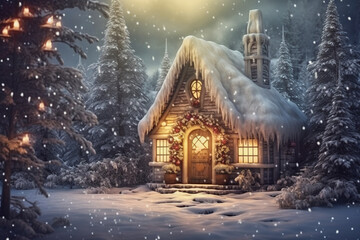 A small fairy tale cottage in a winter snow covered forest, Christmas background with woodland house made by gnomes and trolls - obrazy, fototapety, plakaty