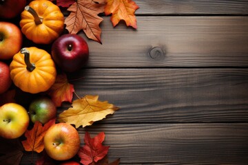 Thanksgiving background: pumpkins, apples and leaves on a wooden background.