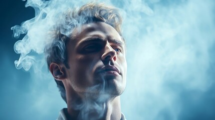 Handsome young man face in white smoke on blue pastel background.