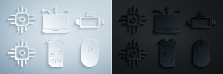 Set Video graphic card, Virtual reality glasses, Processor, Computer mouse, Laptop and icon. Vector
