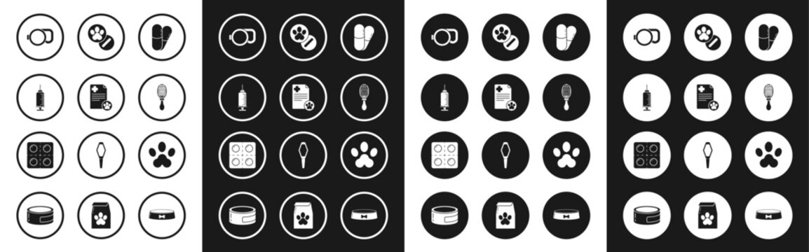Set Dog and pills, Clipboard with medical clinical record pet, Syringe vaccine, Retractable leash, Hair brush for dog cat, Paw print and icon. Vector