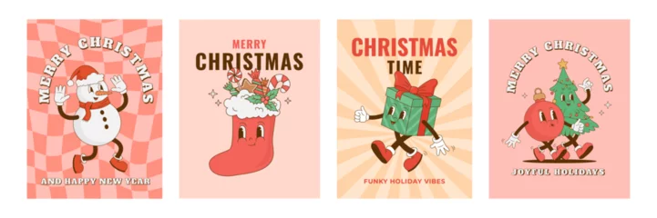 Foto auf Acrylglas Set of retro cartoon Christmas characters posters. Funny snowman, Xmas stocking, Christmas tree, giftbox mascot. Vector illustration. New year decoration © Nadezhda Mih