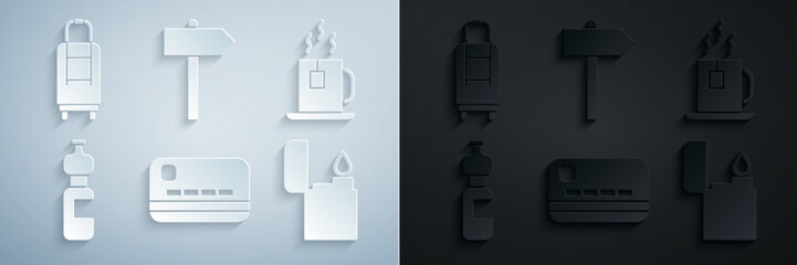 Set Credit card, Cup of tea with tea bag, Bottle water, Lighter, Road traffic signpost and Suitcase icon. Vector