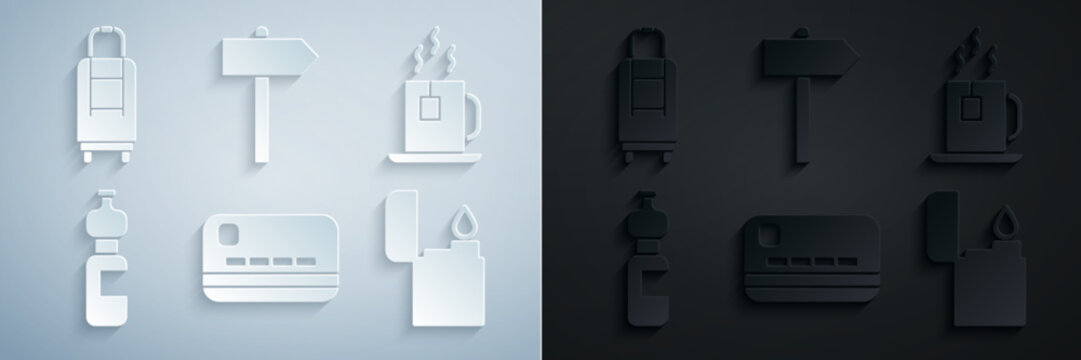 Naklejki Set Credit card, Cup of tea with tea bag, Bottle water, Lighter, Road traffic signpost and Suitcase icon. Vector