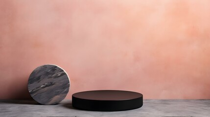 Round Stone Podium in front of a blush Studio Background. Black Pedestal for Product Presentation
