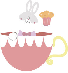 happy easter with bunny rabbit holding cupcake in cup, flat png transparent element character design
