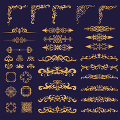 Set of gold vintage element, ornament, flourish decoration and corners. Calligraphic ornate collection Vector illustration.