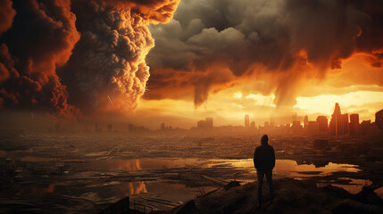 A determined man stands firmly, his gaze fixed upon the foreboding abyss of an imminent apocalypse. His demeanor reveals a mix of resolve and unease as he faces the approaching catastrophe.