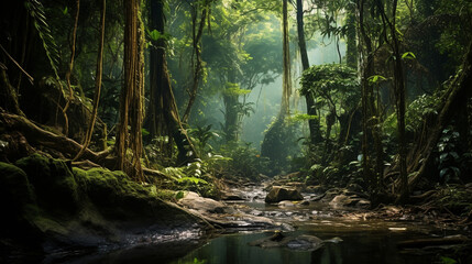 Obraz premium A jungle, tropical forest filled with towering trees, thick undergrowth, It's a humid, wild environment.