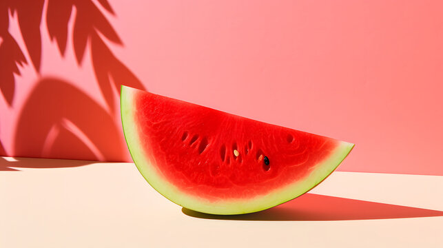 Close up of slice fresh red Watermelon fruit on a pink vibrant colored background with natural shadow