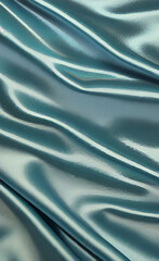 Close up of ripples on silk fabric. Satin textile background. Green color. Top view. Color of the year