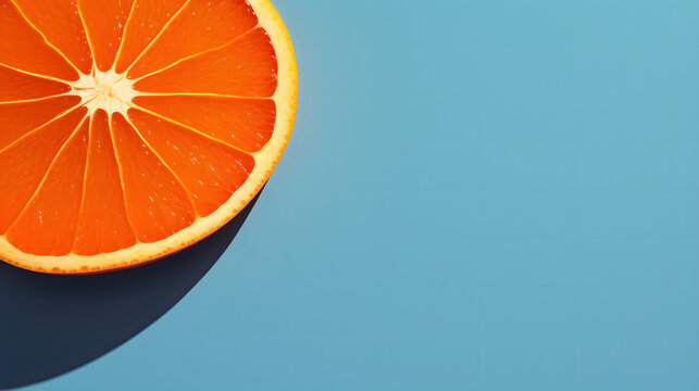 Close up ripe half cut fresh Orange fruit on minimalist blue vibrant background