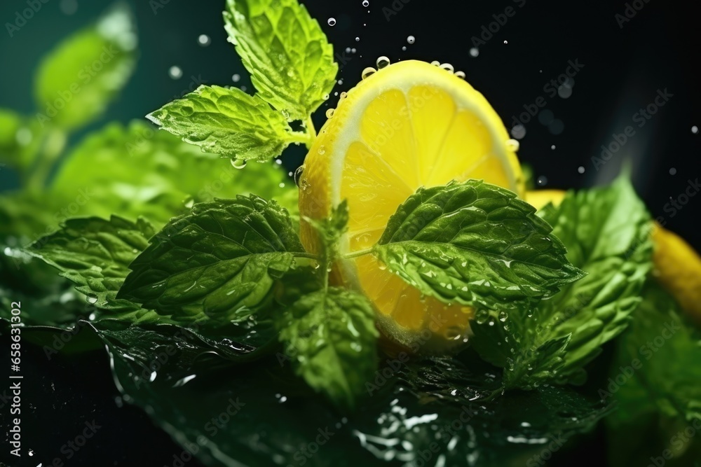 Poster A close-up view of a lemon and fresh mint leaves. Perfect for adding a refreshing touch to food and beverage-related designs.