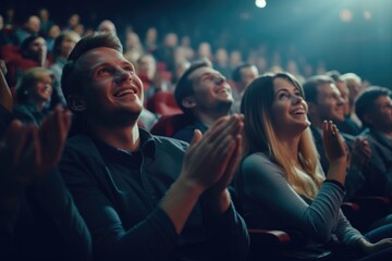A group of people sitting together, enthusiastically clapping in front of a large crowd. Suitable for various events and gatherings.