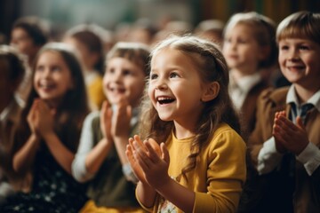 A joyful group of children clapping their hands and smiling. This image can be used to depict happiness, friendship, or celebration.