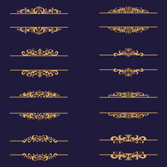 Naklejka premium Set of gold vintage elements, border , elegant ornaments swirls, calligraphic scrolls decorations retro design. Vector frames and invitations, typescript, title, label, greeting cards.