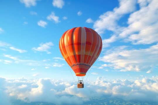 A vibrant red hot air balloon gracefully floats through a clear blue sky. This image captures the beauty and freedom of flight. Perfect for travel brochures or adventure-themed designs.