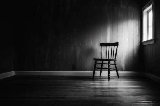 A black and white photo of a chair in a dark room. Suitable for interior design concepts and minimalistic themes.