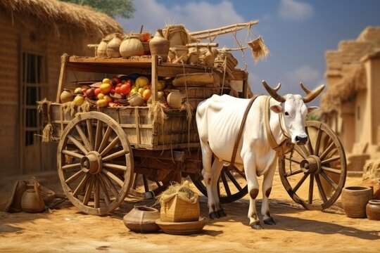 A white cow stands next to a cart filled with an assortment of fresh fruit. This image can be used to depict a rural farm scene or to represent the abundance of nature's harvest.
