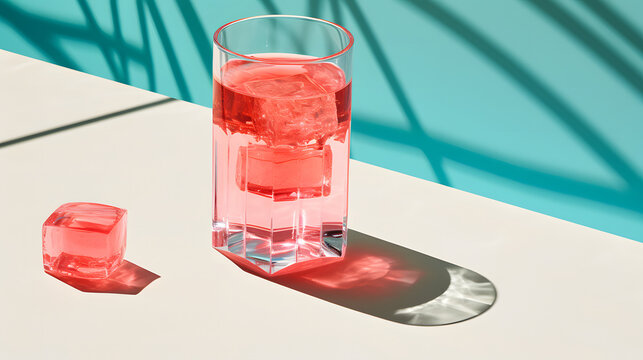 Close up red mocktail glass with ice cubes on a minimalist vibrant background