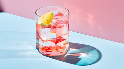 Close up red mocktail glass with ice cubes and slices orange fruit garnish on a minimalist vibrant blue background