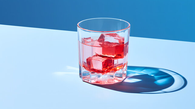 Close up red mocktail glass with ice cubes on a minimalist vibrant blue background