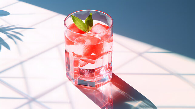 Close up red mocktail glass with ice cubes and mint leaf garnish on a minimalist vibrant background