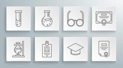 Set line Glass test tube flask on fire, Test and chemical laboratory, Identification badge, Graduation cap, Certificate template, Glasses, and icon. Vector