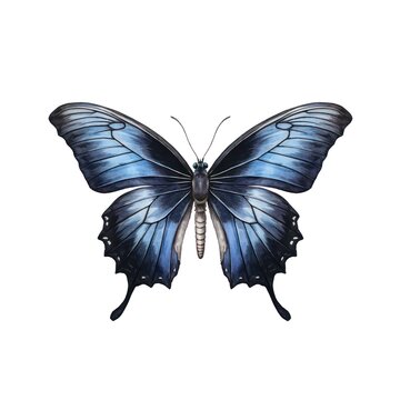 Dark blue butterfly isolated on white background in watercolor style.