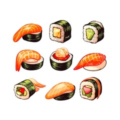 Cartoon set of sushi on white background.