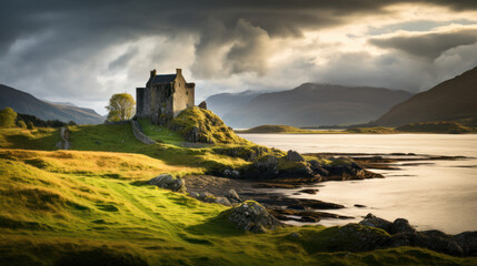 Château médiéval en Écosse au bord d'un lac dans les Highland sous un ciel orageux - obrazy, fototapety, plakaty