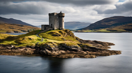 Château médiéval en Écosse au bord d'un lac dans les Highland sous un ciel orageux