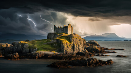Ch&acirc;teau m&eacute;di&eacute;val en &Eacute;cosse au bord d'un lac dans les Highland sous un ciel orageux avec des &eacute;clairs dans le ciel