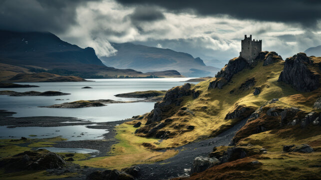 Château médiéval en Écosse au bord d'un lac dans les Highland sous un ciel orageux