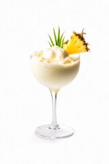 Glass of Pina Colada cocktail on white background. Pineapple smoothie in a transparent glass.