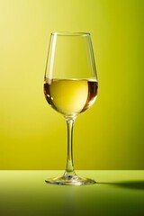Glass of white wine on olive green background.