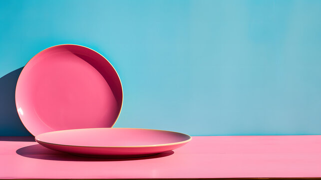 minimalist empty two pink plate on a wooden table on a vibrant pink colored background