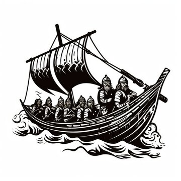 Logo of vikings riding a boat, black and white, AI generated Image