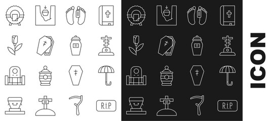 Set line Speech bubble rip death, Umbrella, Grave with cross, Dead body, Coffin, Flower rose, Memorial wreath and Funeral urn icon. Vector