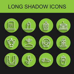 Set line Cemetery digged grave hole, Flower rose, Grave with tombstone, Hearse car, Funeral urn, cross, and Memorial wreath icon. Vector