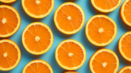 Foto op Plexiglas Flat lay fresh slices Orange fruit pattern on blue background, close up, top view © Januar