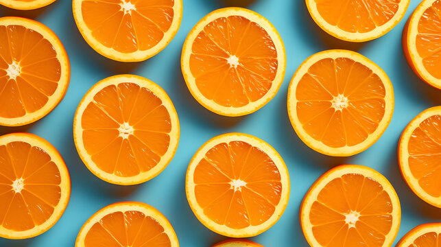 Flat Lay Fresh Slices Orange Fruit Pattern On Blue Background, Close Up, Top View