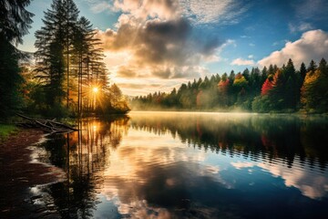 Naklejka premium Bright color illustration - beautiful landscape early morning on a lake in the autumn forest, dawn, sunrise or sunset
