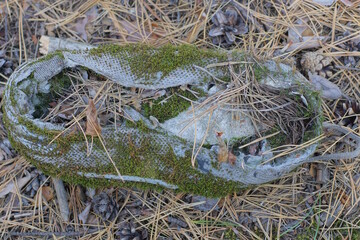  one old gray boot overgrown with green moss stands in dry gray grass and earth in the street